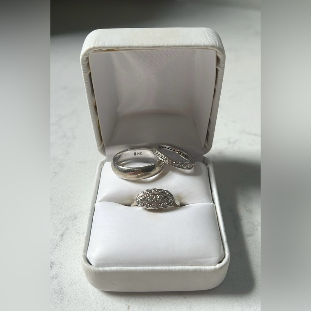 Antique 14k WG 1940s Mid Century Engagement Ring And Wedding Band Set